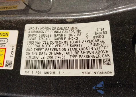 2025 Honda Civic Sport from USA, damaged, VIN 2HGFE2F59SH514763